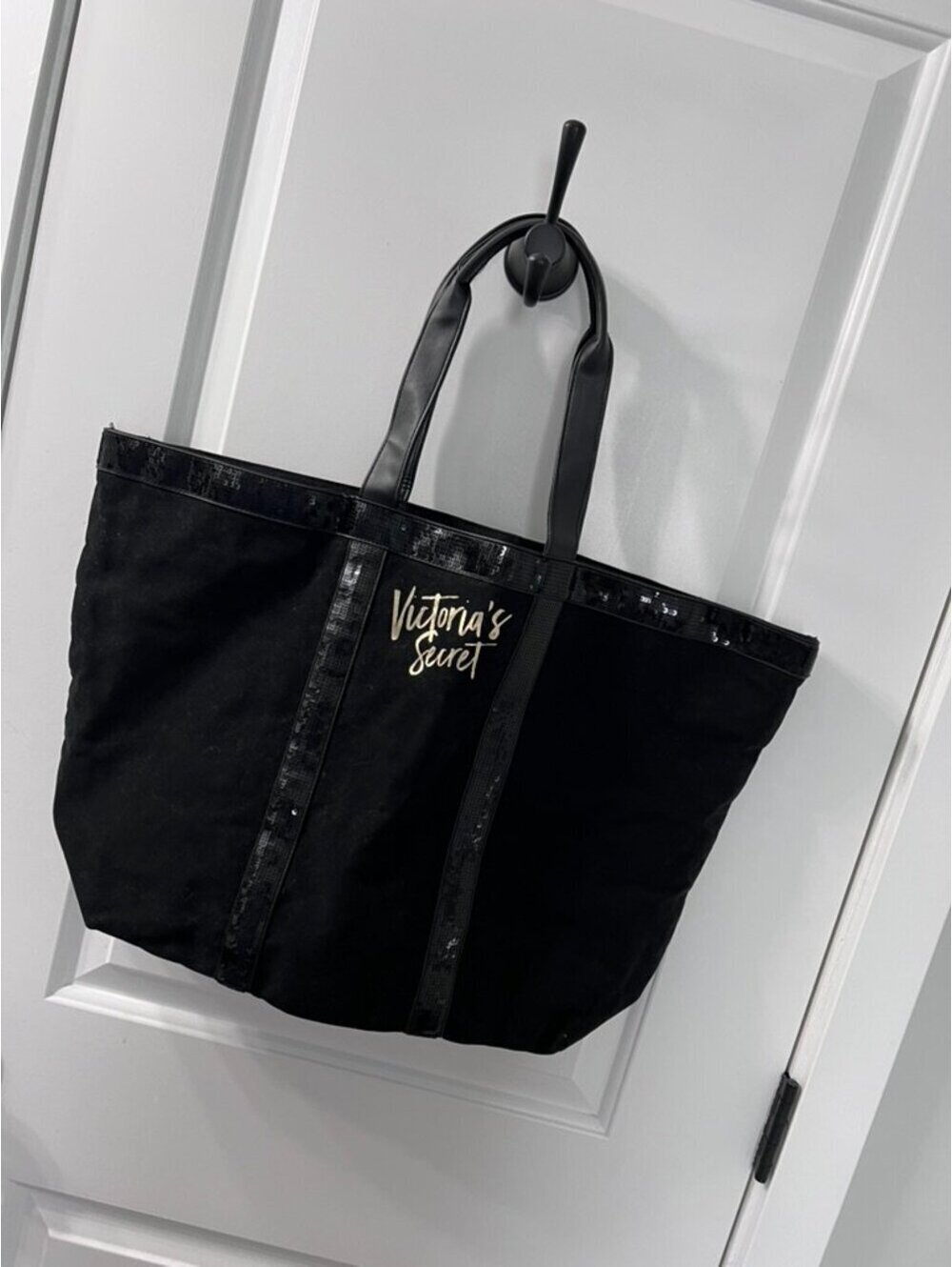 Victoria's Secret Black Canvas Sequin Tote Bag Large Shoulder Carryall